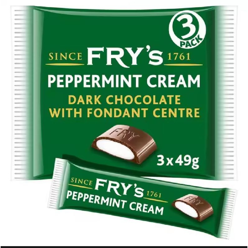 Fry's Peppermint Cream Bar 3 Pack 147g - ช็อกโกแลตสอดไส้ครีม กลิ่นเปปเปอร์มิ้นท์ ตรา ไฟร์ส