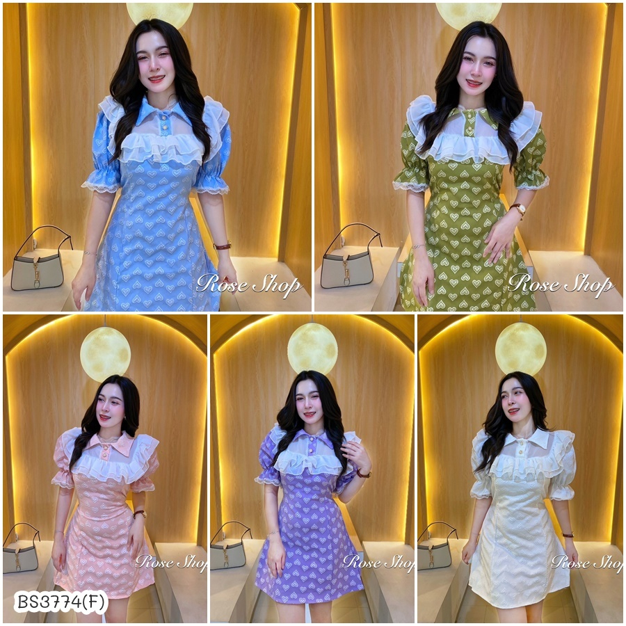 BS3774 มินิเดรสผ้าลักชู คอปก แต่งระบายสุด CUTE ดีเทลน่ารักมากๆ ทรงสวยเป๊ะ