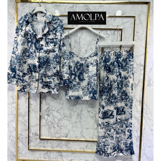 SET 3 PCS DIOR  PAJAMAS SILK ชุดเซท 3ชิ้น สายเดี่ยว + เสื้อเชิ้ต + กางเกงขายาว ดิออร์