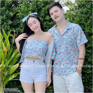 J18824 Set คู่รัก เสื้อฮาวาย + เกาะอก + เสื้อคลุม + โบว์ผูกผม Couple set: Hawaiian shirt + strapless + cloak + hair bow