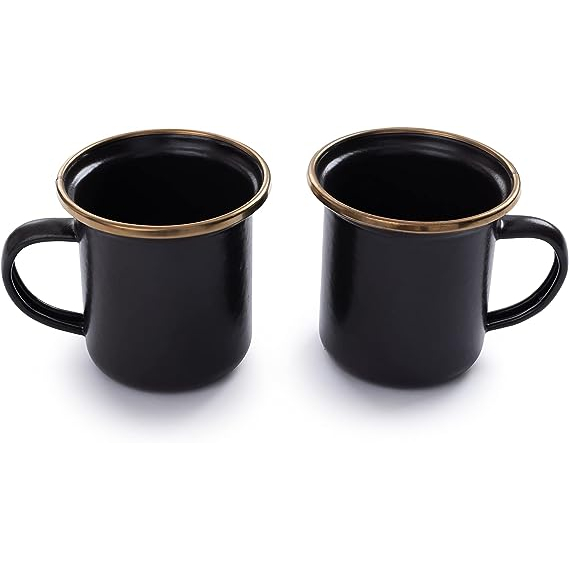 Barebones Enamel Espresso Cup Set  แบร์โบน ถ้วยเอสเปรสโซชุด 2 ใบ ชุดแก้วเคลือบอีนาเมล ที่เน้นขอบด้วยทองแดง สีดำ