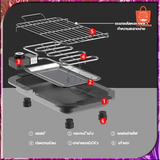 เตาย่างไฟฟ้า เตาปิ้งย่างไร้ควัน เตาย่างบาร์บีคิว ทำความสะอาดง่าย 2000W เตาปิ้งย่างไฟฟ้า กำลังไฟสูง ร้อนเร็ว 5ปรับได้