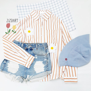 🙂💕เสื้อเชิ้ตลายทางแขนยาว ติดดอกไม้ 🌷🌷🌷[ ใส่โค้ด ZIZSND20 ลด 20฿ ]