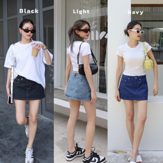 (GM) mini denim skirt กระโปรงยีนส์เอวกลางๆ ผ้าเดนิมเนื้อดี ไม่หนาไม่บาง