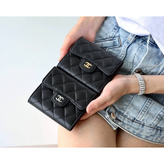 กระเป๋าตังค์พร้อมส่งchanel Trifold wallet caviar หนังอิตาลีนำเข้างานเทียบแท้