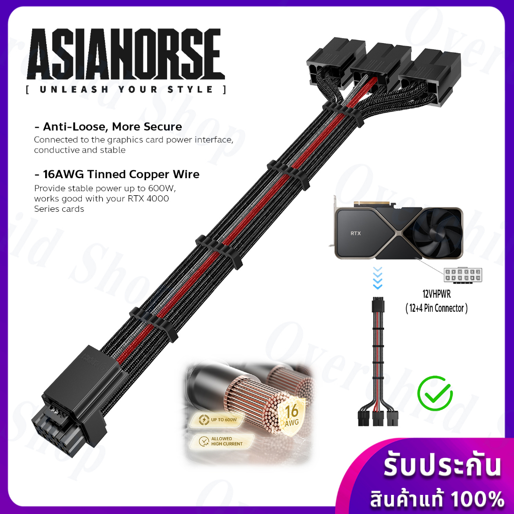 สายถักสีดำ "12VHPWR " คุณภาพสูง  [รับประกัน 1ปี] AsiaHorse Black 16AWG PCI-e 5.0 12VHPWR PSU Cable E