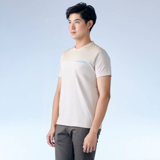 BEIGE CREW NECK COLOUR BLOCK T-SHIRT WITH POCKET เสื้อยืดคอกลมสีเบจทรงคัสตอมฟิต