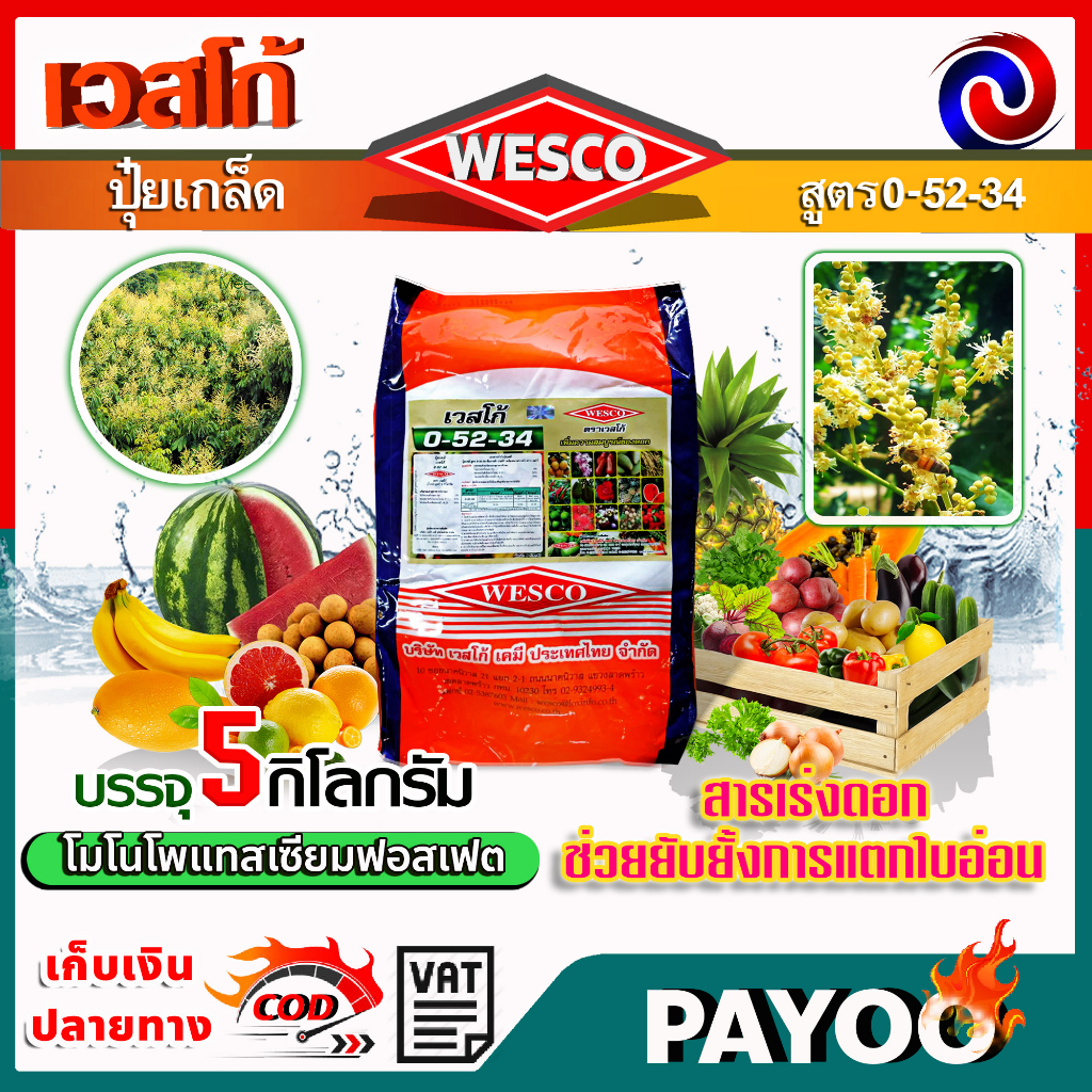 WESCO ปุ๋ย 0-52-34 โมโนโพแท สเซียมฟอสเฟต ปุ๋ยเกล็ด ปุ๋ยทางใบ เร่งดอกและหยุดการแตกใบอ่อน บรรจุ 5 กิโล