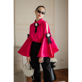 Lalisa999ราคาถูกที่สุด!! Vshop 1950-4 เสื้อเชิ้ตผ่าแขน ปลายแขนบาน+เข็มกลัดดอกไม้