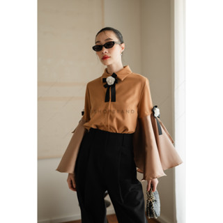 Lalisa999ราคาถูกที่สุด!! Vshop 1950-4 เสื้อเชิ้ตผ่าแขน ปลายแขนบาน+เข็มกลัดดอกไม้.2