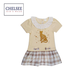 Chelsee ชุดเดรสกระโปรง เด็กผู้หญิง รุ่น 237935 ลายแมว กระโปรงลายสก๊อต ผ้า 100%Cotton อายุ 2-9 ปี เสื้อผ้าเด็ก