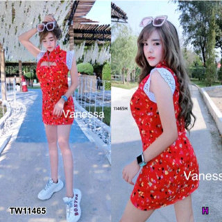 ชุดเดรสคอจีน เว้าอก แขนกุด ลายดอกไม้ อกฟองน้ำ