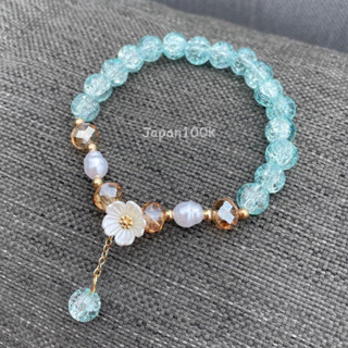 🩷พร้อมส่ง🩷สร้อยข้อมือ กำไลลูกปัดคริสตัลสีฟ้า จี้ดอกซากุระ🌸น่ารัก สไตล์เกาหลี ญี่ปุ่น ใส่แล้วผิวผ่อง✨