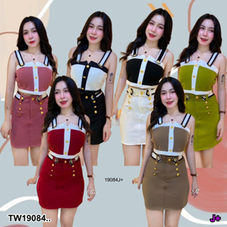 TwinsShopVip💗พร้อมส่ง TW19084 Set 2 ชิ้น สายเดี่ยว + กระโปรง แต่งกระดุมทอง ..