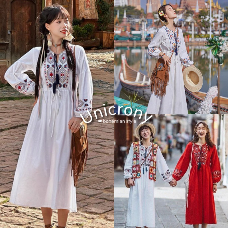 [ พร้อมส่งจ้า ] เดรสยาวปักอก สไตล์โบฮีเมียน มี แดง ขาว เหลือง ผ้าฝ้ายผสม สวยมาก Unicorny