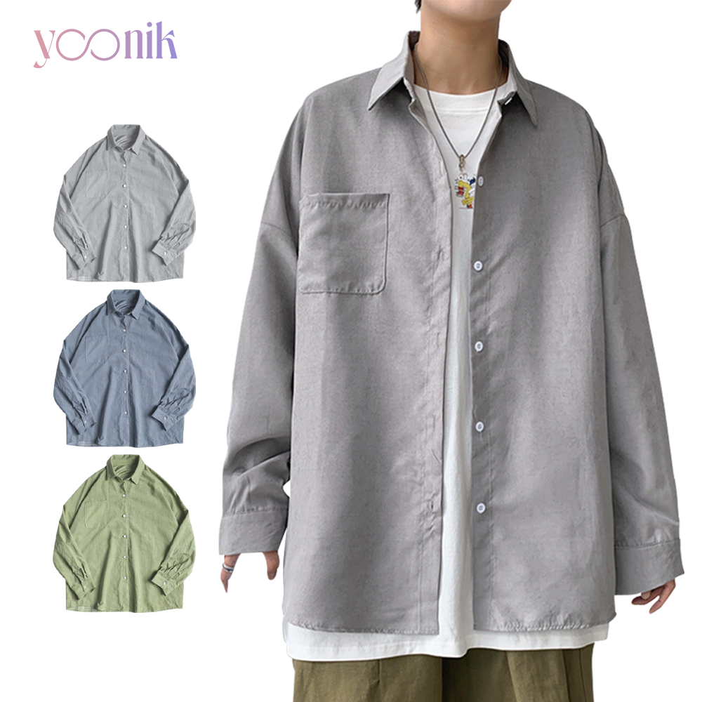 เสื้อเชิ้ตแขนยาวชาย ทรงหลวม เสื้อเชิ้ตลำลองคอปก สไตล์เกาหลี