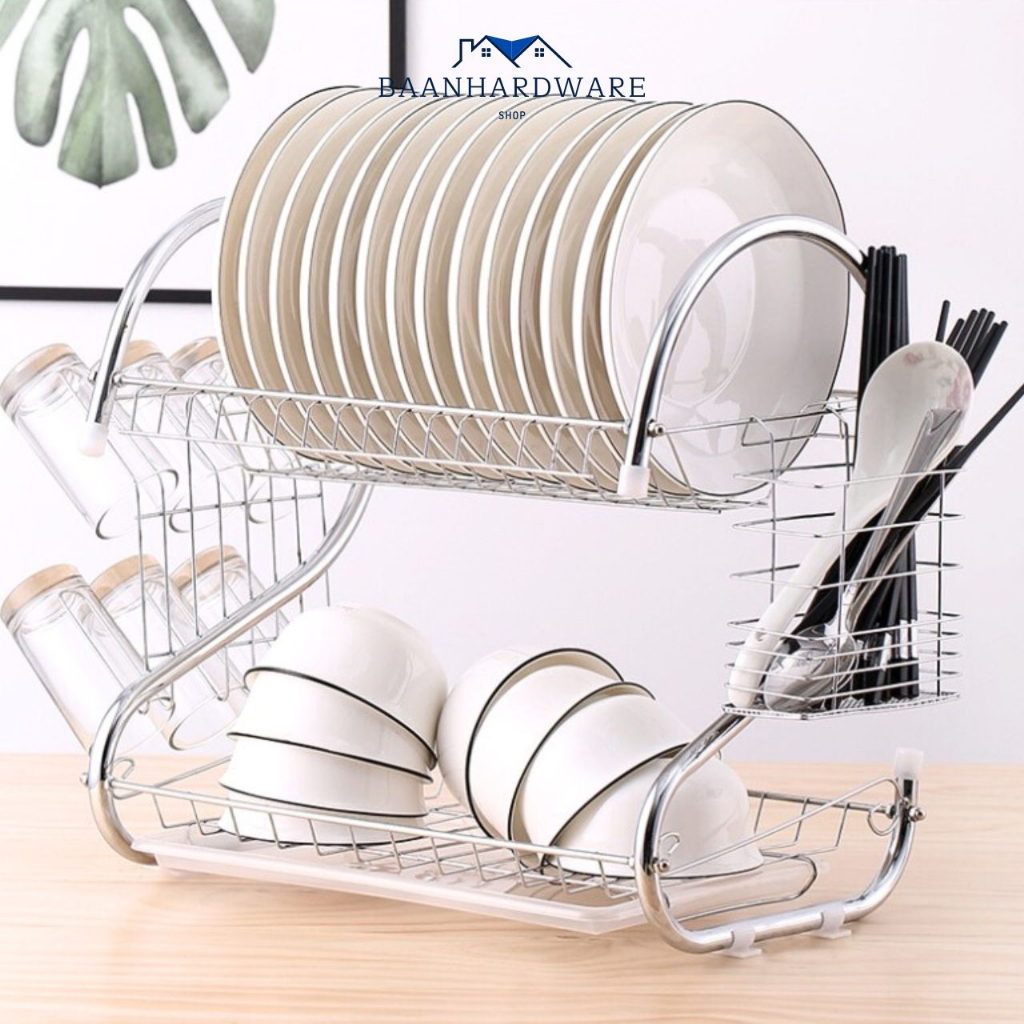 ที่คว่ำจานสแตนเลส 2 ชั้น S shape 40*37*25 CM พร้อมที่คว่ำแก้ว 6 ใบ ชั้นวางจาน ที่คว่ำจาน ชั้นวางจาน Dish Rack CB-208