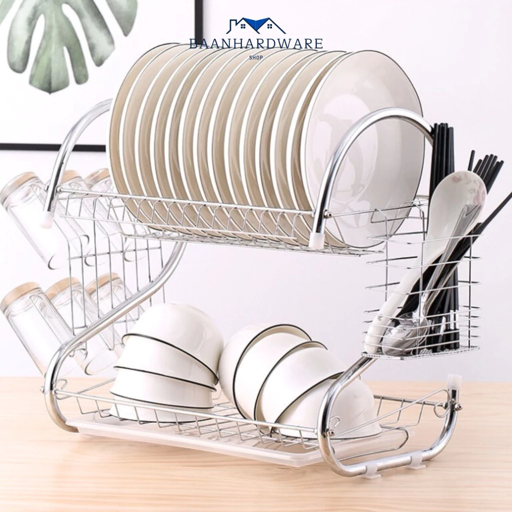 ที่คว่ำจานสแตนเลส 2 ชั้น S shape 40*37*25 CM พร้อมที่คว่ำแก้ว 6 ใบ ชั้นวางจาน ที่คว่ำจาน ชั้นวางจาน Dish Rack CB-208