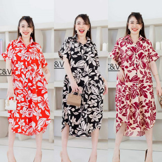 S.48 C&amp;V Midi Dress เดรสเชิ้ตแขนสั้นตัวยาว กระดุมผ่าหน้า กระเป๋าล้วงข้าง ผ้าไหมอิตาลี ลายดอกไม้ ทรง Oversize อก 48 นิ้ว