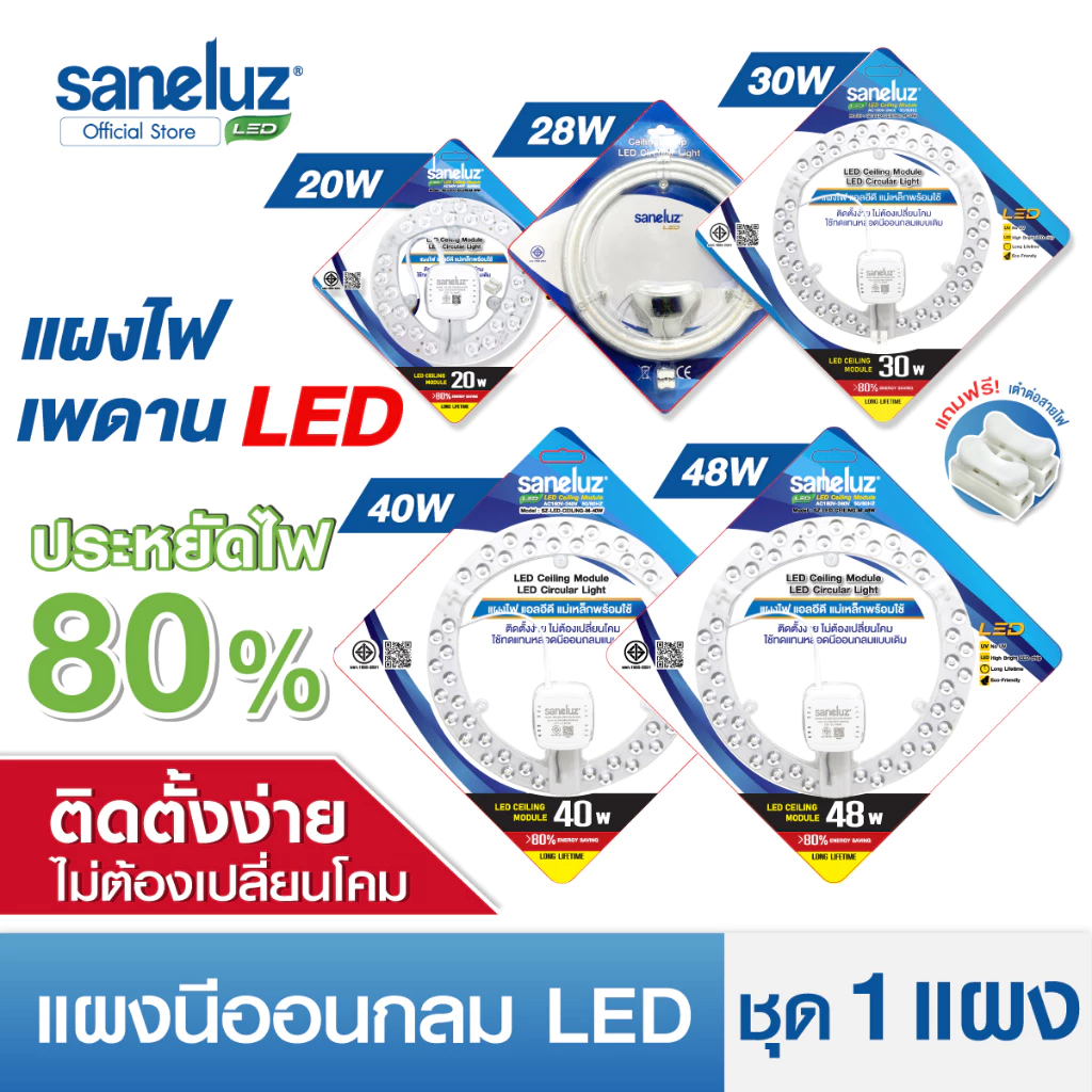 Saneluz ไฟเพดาน LED 20W 28W 30W 40W 48W แผงนีออนกลม ใช้งานง่าย มีแม่เหล็กยึด ใช้แทนโคมเดิมได้ทันที ใช้งานไฟ AC220V led