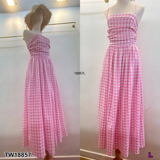 J18857 เดรสยาว เกาะอก ซิปข้างตัว ลายสก็อต Long dress, strapless, side zipper, plaid pattern.