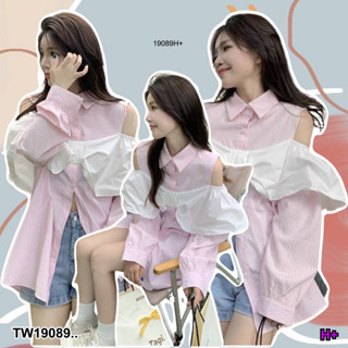 TwinsShopVip💗พร้อมส่ง TW19089 เสื้อแขนยาวเปิดไหล่ คอปก ตัวยาว ..