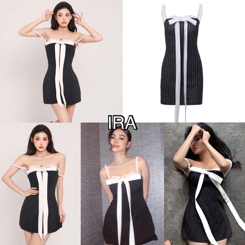 BY IRA (23060)  Aingfar Minidress มินิเดรสเปิดไหล่อิงฟ้า ปักลายลูกไม้ดีเทลโบว์สีขาว