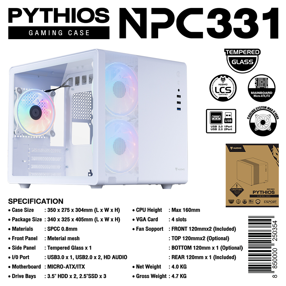 NUBWO NPC-331 PYTHIOS GAMING PC CASE เคสคอมพิวเตอร์ เคสเกมมิ่ง พร้อมพัดลม ARGB รับประกันศูนย์ 1 ปี
