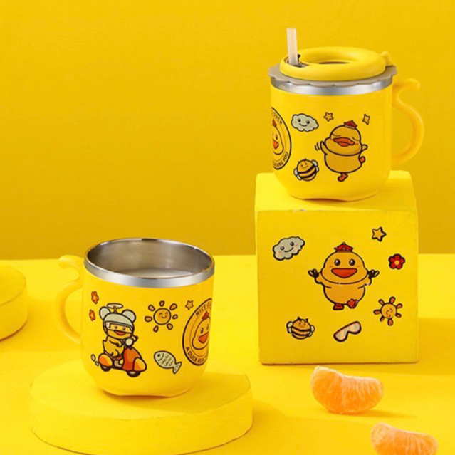 {gift set} แก้วน้ำเด็ก ถ้วยมัคเด็ก ลายเป็ด สแตนเลส 304 มีฝาปิด หลอดดูด พร้อมกล่องของขวัญ 8elephant