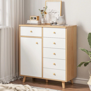 ตู้เก็บของ มีลิ้นชัก 1 ประตู 6 ลิ้นชัก 80x38x89 cm สีขาวไม้โอ๊ค สไตล์มินิมอล