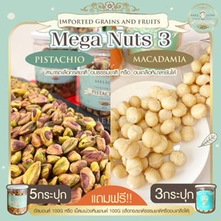 Mega Nuts 3 พิสตาชิโอ 5 กระปุก + แมคคาเดเมีย 3 กระปุก แถมฟรี! อัลมอนด์หรือมะม่วงหิมพานต์ 100g พิสตาชิโอ แมคคาเดเมีย ถั่ว