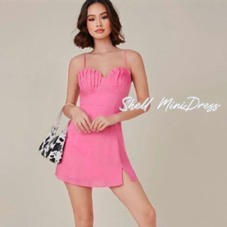 Shell Mini Dress พร้อมส่ง มินิเดรสสายเดี่ยว หน้าอกจับจีบลายเปลือกหอย ชุดเดรสสีชมพู งานป้าย