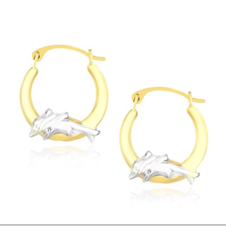 ต่างหูปลาโลมาคู่แบบคล้องทำด้วยทองคำขาวและทองคำ 10K 10k Two-Tone Gold Round Graduated Dolphin Design Hoop Earrings