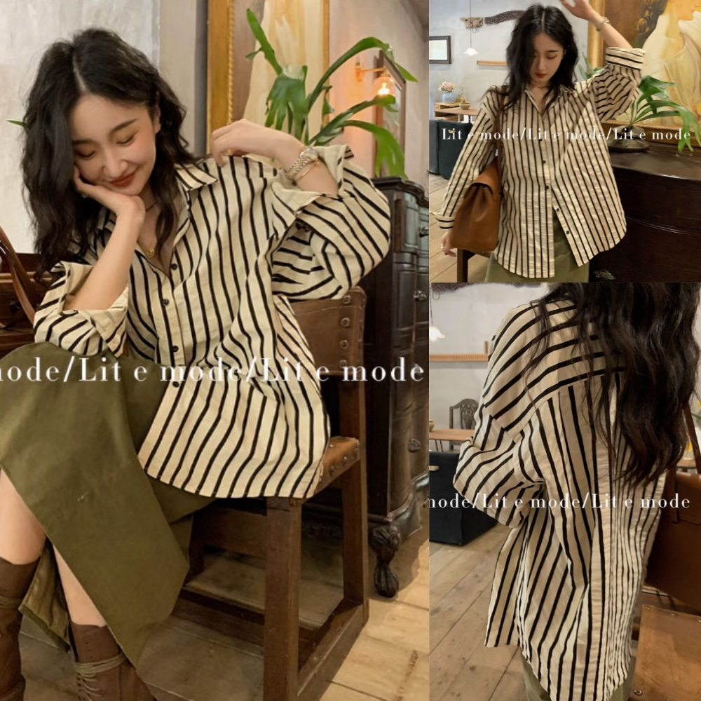 CTB3013【free size】เสื้อเชิ้ตแขนยาวแฟชั่นทรงหลวมขนาดใหญ่สําหรับผู้หญิง คอปก อก 44 นิ้ว สีครีม