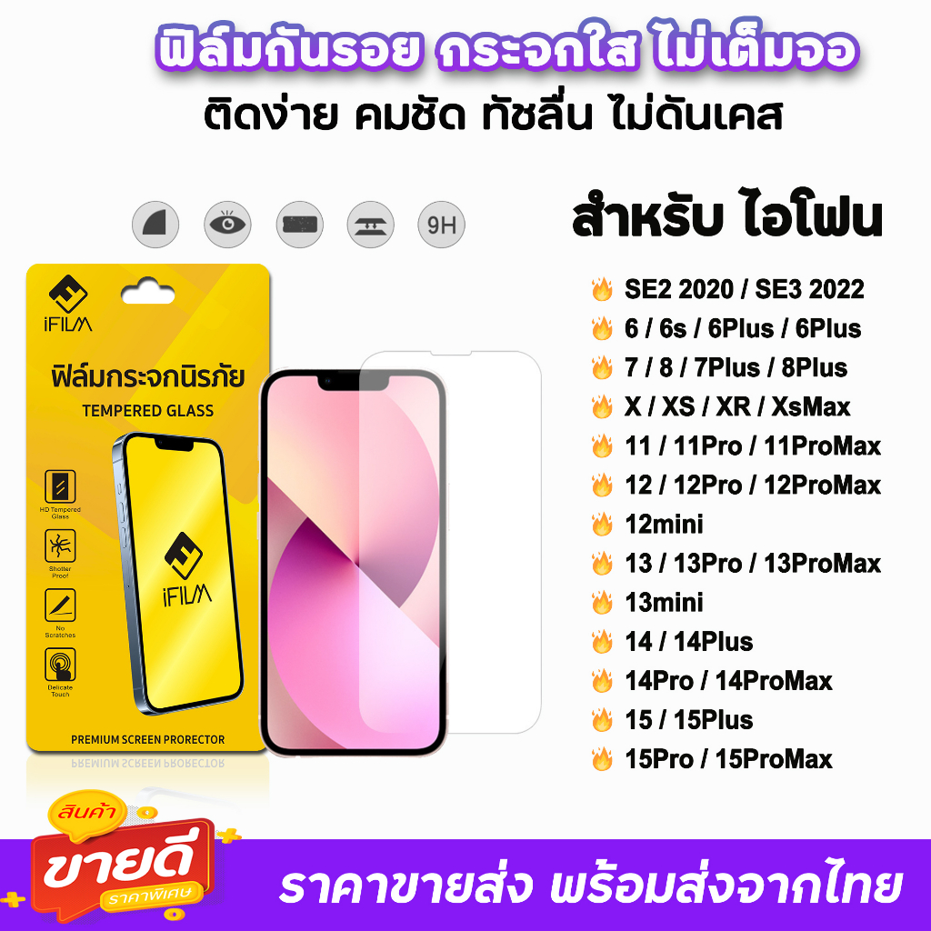 iFilm ฟิล์มกระจกใส ไม่เต็มจอ ไร้ขอบดำ สำหรับ ไอโฟน 15 pro max 15plus 14promax 14 plus 13 12 11 XR 6/7/8plus ฟิล์มไอโฟน