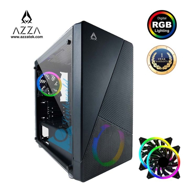 AZZA Micro ATX Mid Tower Tempered Glass NOIR 130 with 12cm ARGB Fan x 2 – Black สินค้ารับประกัน  1ปี
