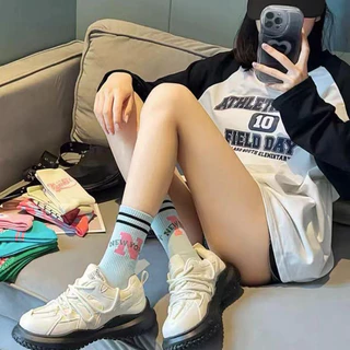 ถุงเท้าน่ารัก สีสันสดใส รูปแบบลวดลายคิ้วๆ สไตล์เกาหลี Candy-colored cotton midtube girls socks Instagram recommended