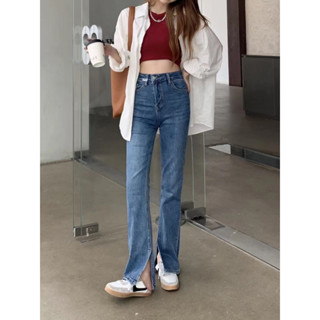 กางเกงยีนส์ผ้ายืดเอวสูงผ่าปลาย SPANDEX SLIT HEM BOOTCUT DENIM PANTS