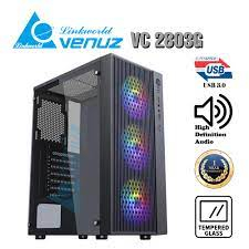 (VC2803G)VENUZ ATX Tempered Glass Gaming Case VC2803G with Rainbow RGB Fan x 3 – Black