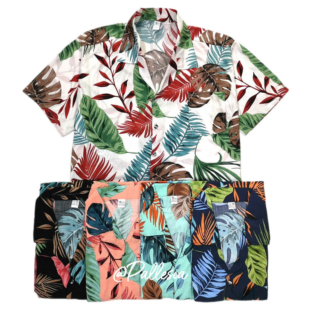 NEW 5สี 4ไซส์ เสื้อเชิ้ตฮาวาย ลายใบไม้ประดับ ผ้านิ่มใส่สบาย HW601