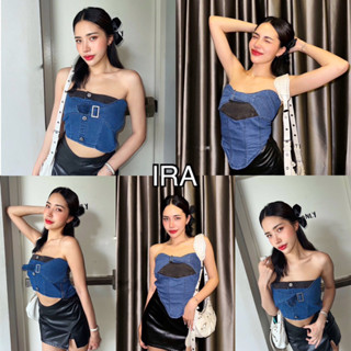 BY IRA ซื้อในไลฟ์ลด50% Denim Tube Top เสื้อครอปท็อปยีน แต่งหัวเข็มขัดโลหะ แบบเข้ารูป สไตล์เรโทร