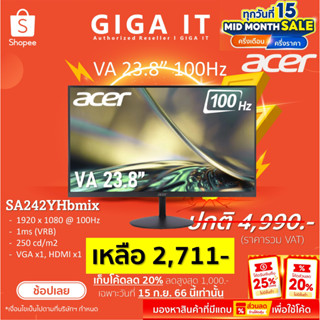 ACER Monitor รุ่น SA242YHbmix 23.8" VA (1080p, 1ms, VGA, HDMI, SPK) 100Hz ประกันศูนย์เอเซอร์ 3 ปี