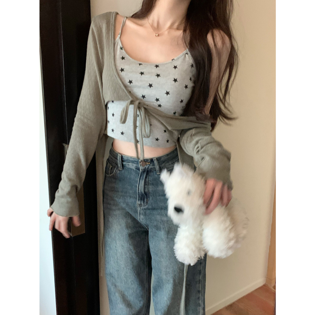 Cicishop(D189)Double Tops เสื้อสายเดี่ยว+เสื้อคลุมครอปผูกเชือก ใส่แมตช์เปรี้ยวแซ่บสุดๆ