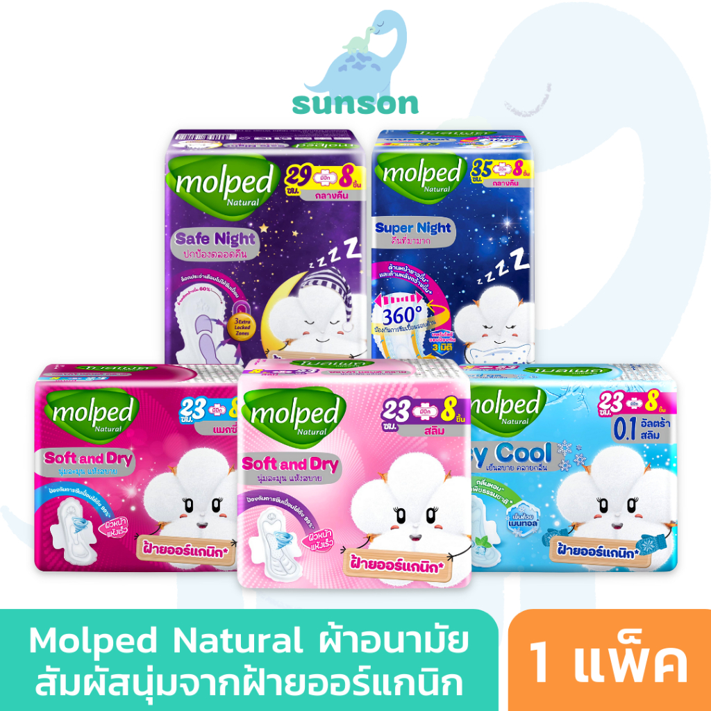 [Clearance หมดอายุ 09/2026] Molped ผ้าอนามัย แผ่นอนามัย โมลเพด ผิวสัมผัสนุ่ม จากฝ้ายออร์แกนิก (แบบกลางวัน / แบบกลางคืน)