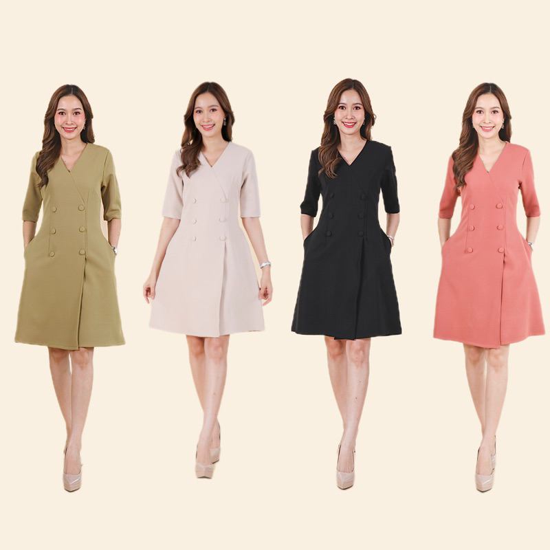 เดรสทรงเอป้ายแขนศอก แต่งกระดุมปั๊มหลอก