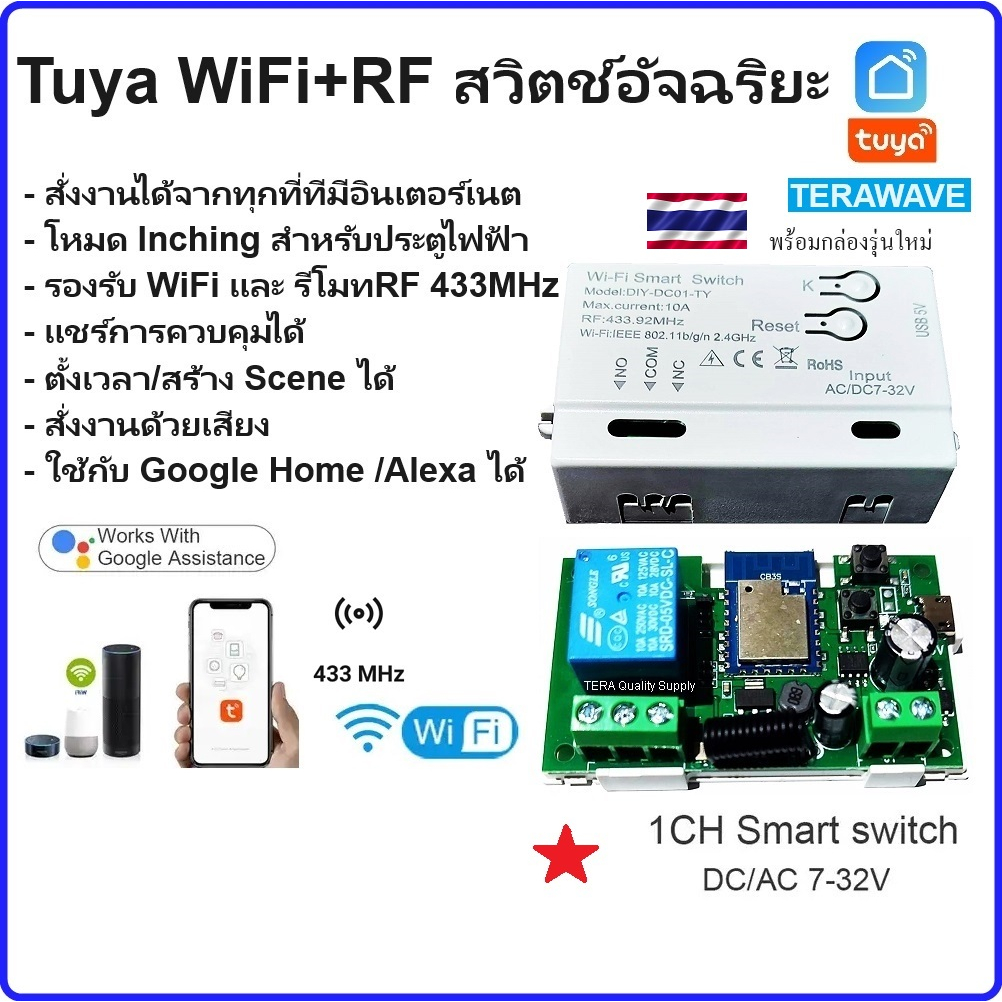Tuya WIFI + RF DIY Switch สวิตช์โหมด Inching เหมาะกับ ประตูรีโมท รองรับ Google Home ตั้งเวลา