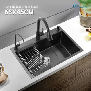 ซิงค์ล้างจาน อ่างล้างจานสแตนเลส วัสดุสแตนเลส เคลือบนาโนสีดำ ขนาด68*45ซม Kitchen sink ,stainless steel,Black sink FS-N01