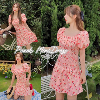 Peach Mini Dress มินิเดรสลายผลไม้ ลูกพีท โทนสีชมพู กระโปรงสั้นแขนตุ๊กตา งานป้ายypy