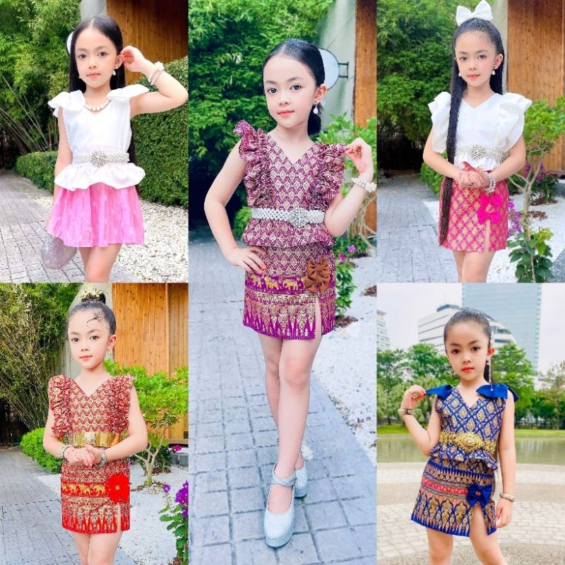 Kw // ชุดไทยประยุกต์เด็กหญิงเสื้อคอวี+แถมโบคาดผม+กระโปรงผ่าหน้าผ้าไทยพิมพ์ทองอย่างดี