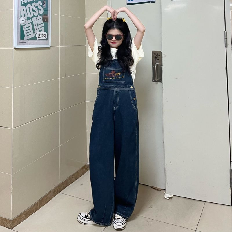 เอี๊ยมยีนส์ขายาว เอวสูงขากว้าง แฟชั่นสไตล์เกาหลี